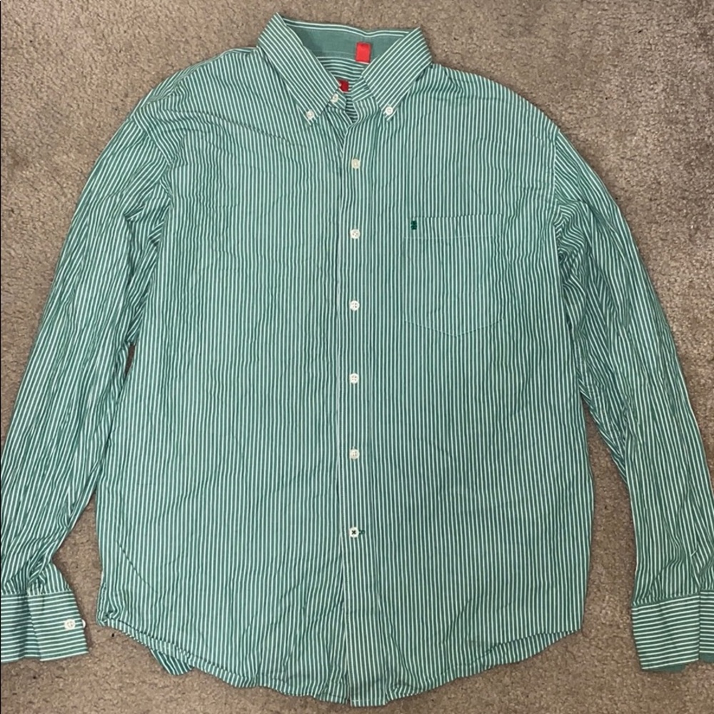 IZOD Green and White Striped Button Down